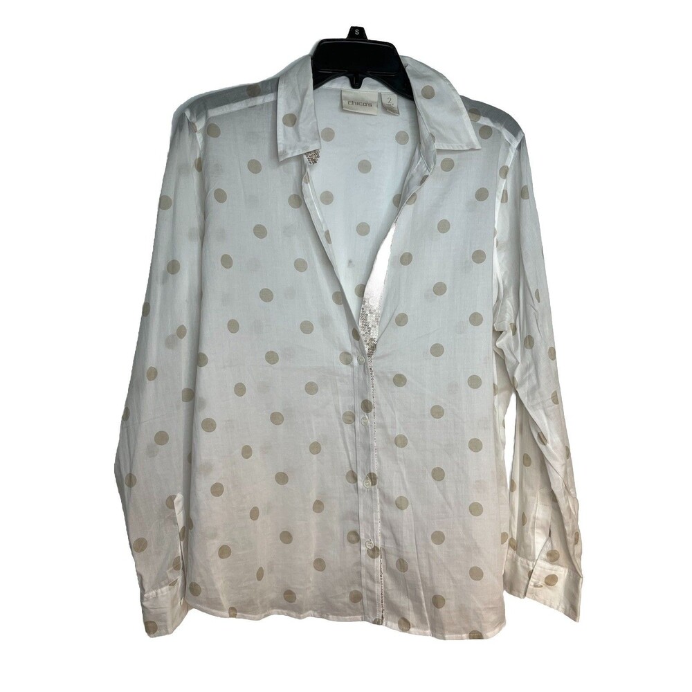 Chicos Peekaboo Sequin Polka dot Cotton Knit Top Blouse sz 2 / L (15)